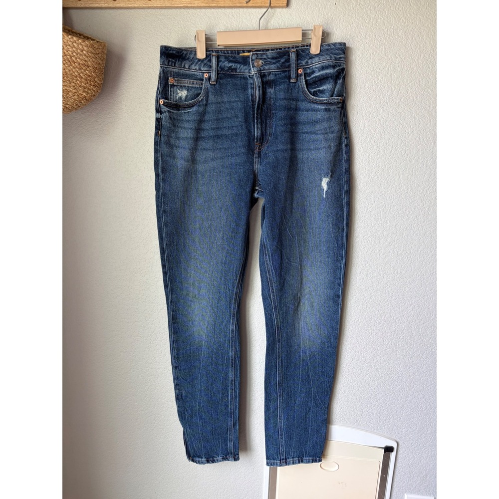 High Rise Slim Straight Jeans Blue Distressed Ankle Zip Size 10